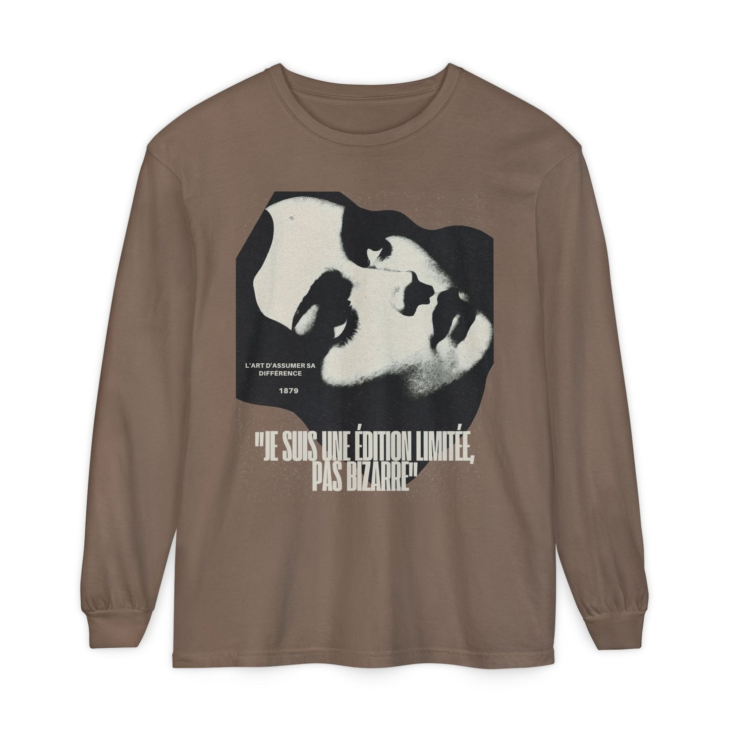 Graphic Long Sleeve Tee — Vintage Face Print with French Text