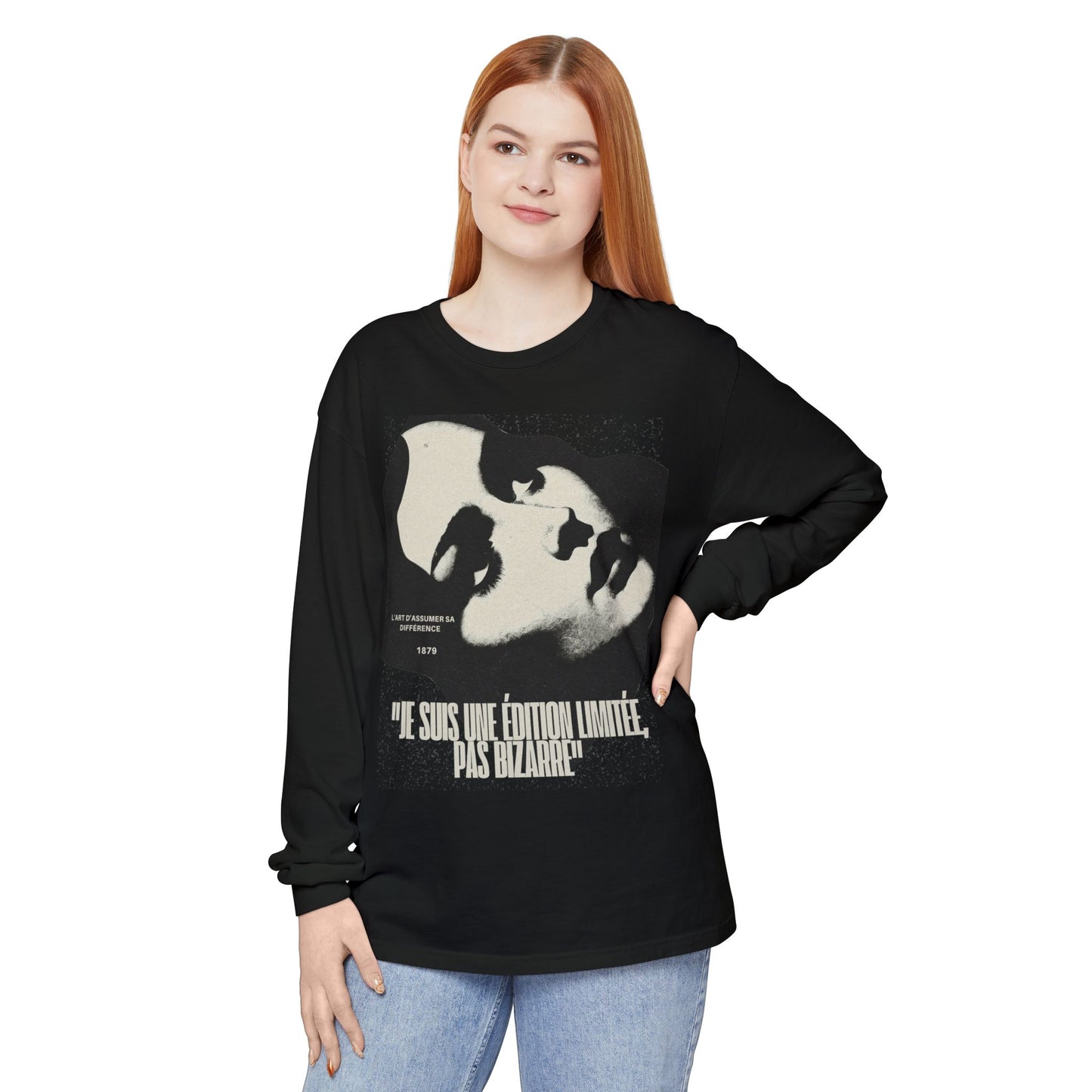Graphic Long Sleeve Tee — Vintage Face Print with French Text